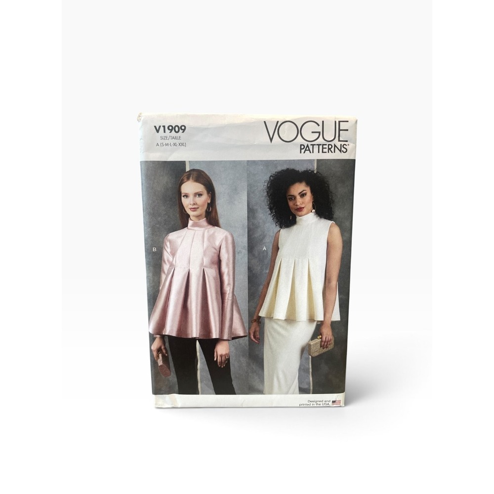 Vogue Sewing Pattern V1909 Misses Top S-XXL White Pink Peplum Box Pleat Uncut
